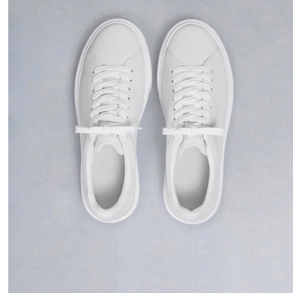 Men's Basic White Leather Trainer Sneakers - Classic Low-Top